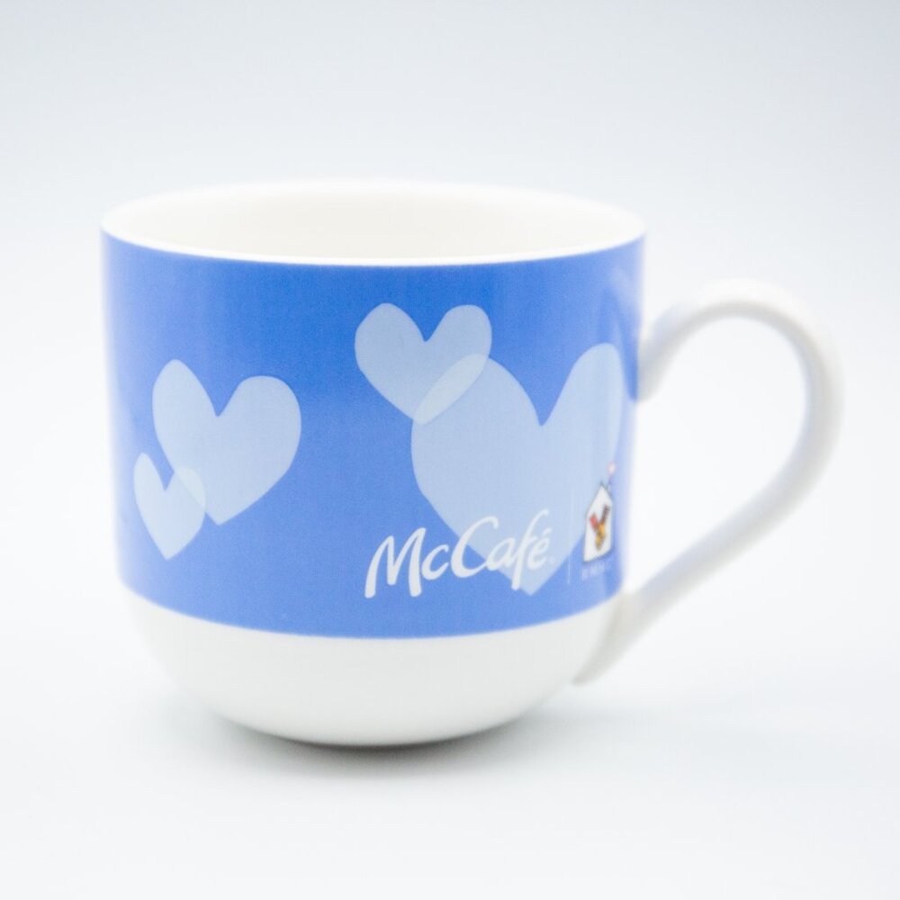 NEW - MCDONALD'S MCCAFE Blue WIDE COFFEE MUG With Hearts Cup RMHC EUC Tea